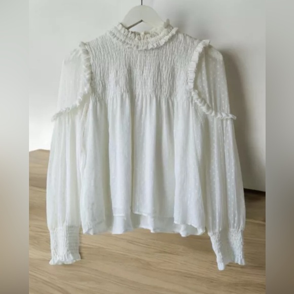 Zara High Neck Swiss Dot Smocked Blouse Size X - Picture 2 of 7